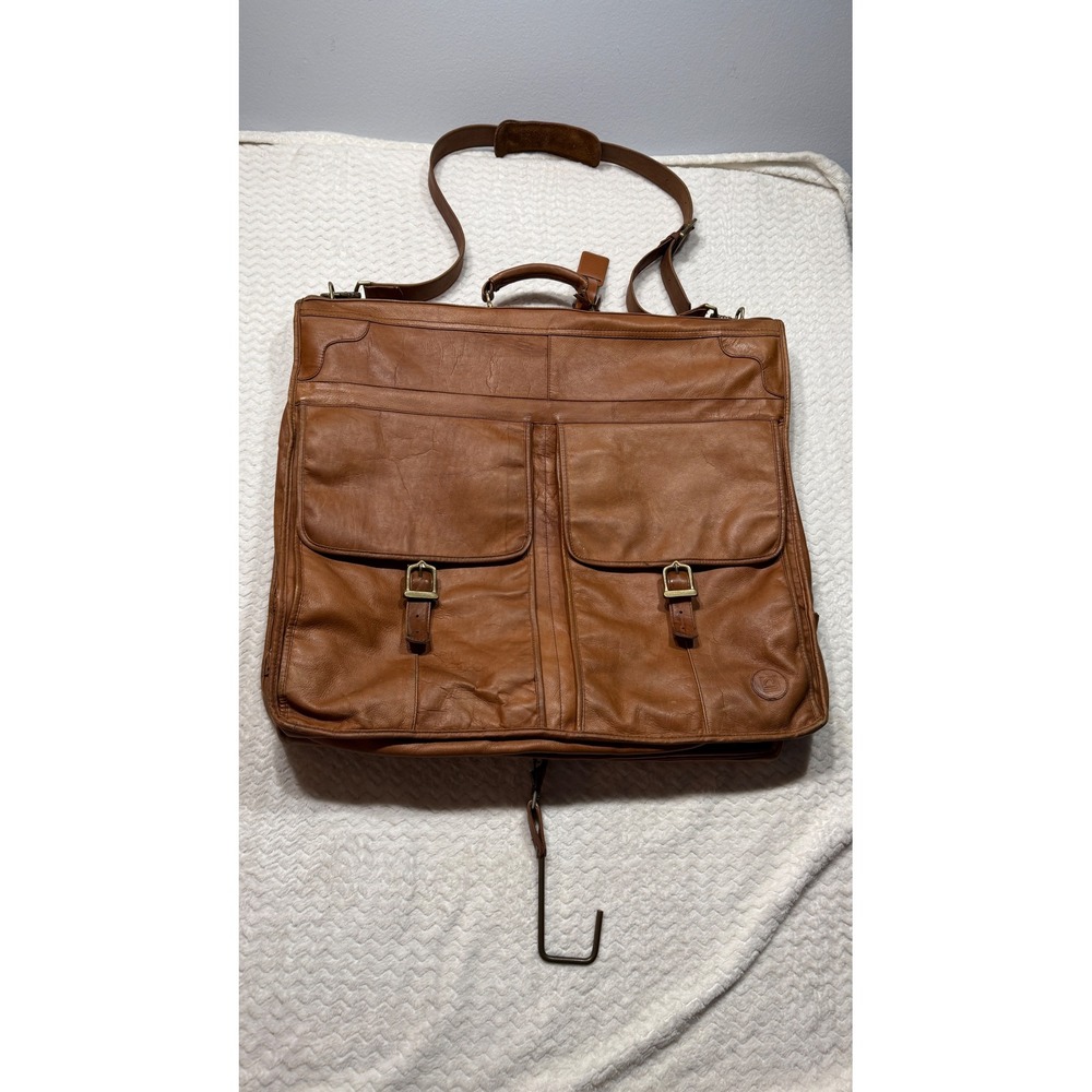 Tan Leather Garment Bag Suit Carrier Travel Luggage Vintage